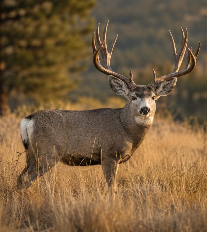 Mule deer buck with a large antler rack standing in golden light